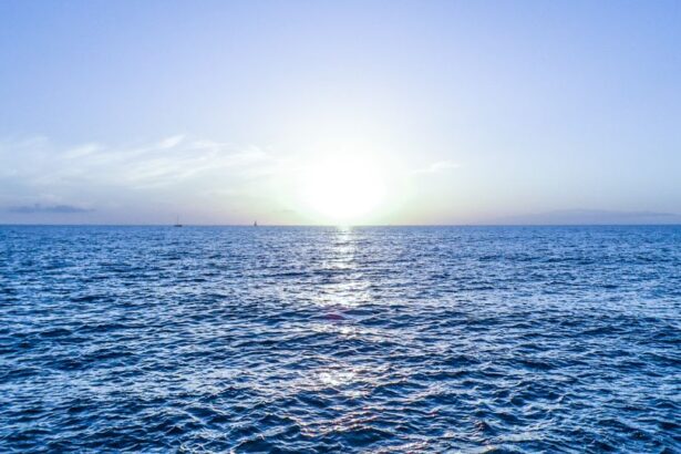 O mare calmă sub un cer senin, cu soarele răsărind la orizont.