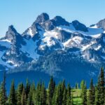 Vârfuri montane acoperite de zăpadă, înconjurate de păduri verzi.