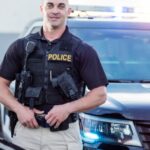 Un polițist zâmbitor stă lângă o mașină de poliție, având un aspect încrezător.