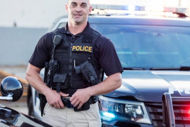 Un polițist zâmbitor stă lângă o mașină de poliție, având un aspect încrezător.