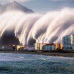 Un tsunami impresionant se îndreaptă spre un oraș de coastă, cu clădiri moderne și munți în fundal.