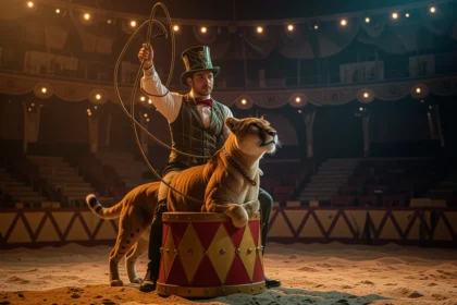 Un artist de circ îmblânzind un tigru pe un tambur în arenă.