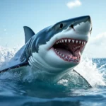 Un rechin mare iese din apă, cu gura deschisă și dinți ascuțiți, înconjurat de stropi de apă.