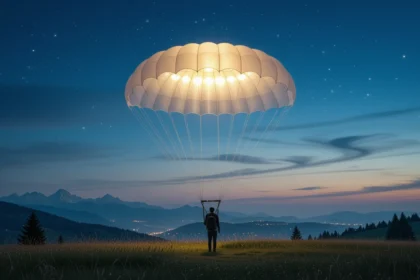 O persoană aterizând cu parașuta pe un câmp la apus, cu munți în fundal.