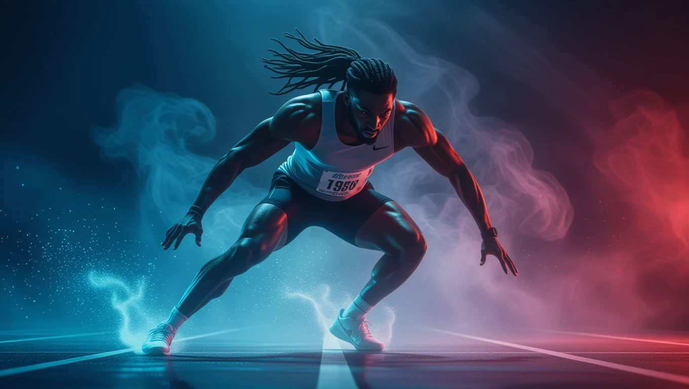 Un atlet pregătit să alerge, cu un fundal de fum colorat.