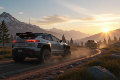 Două mașini off-road pe un drum de pământ, în fața unui peisaj montan la apus.