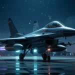 Un avion de vânătoare parcat pe o pistă umedă, iluminat de lumini nocturne.