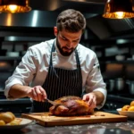 Un bucătar tăind o pasăre gătită, în bucătărie modernă, cu ingrediente proaspete în jur.