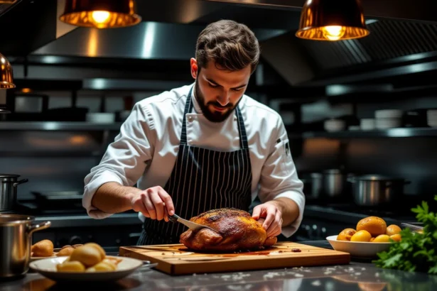 Un bucătar tăind o pasăre gătită, în bucătărie modernă, cu ingrediente proaspete în jur.