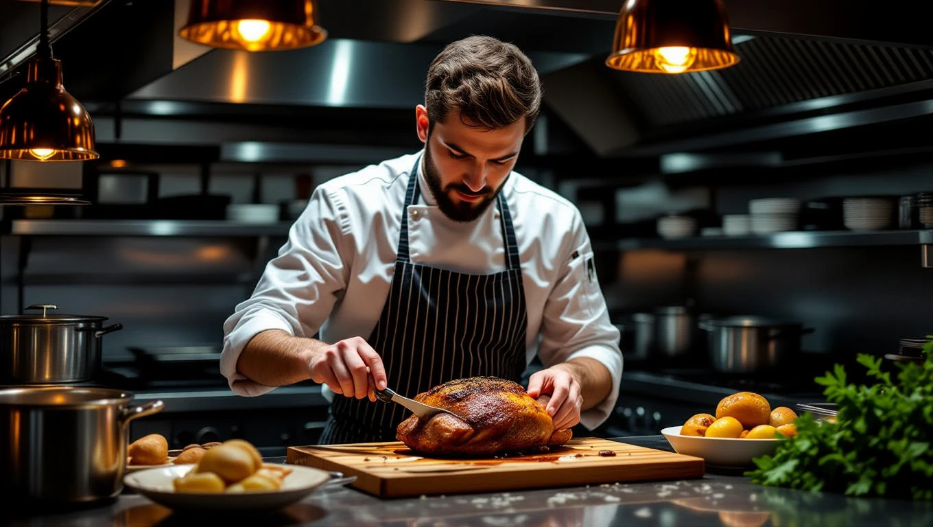 Un bucătar tăind o pasăre gătită, în bucătărie modernă, cu ingrediente proaspete în jur.