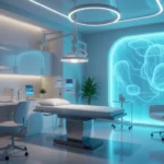 Cameră medicală modernă, dotată cu echipamente avansate și un design futurist.