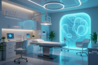 Cameră medicală modernă, dotată cu echipamente avansate și un design futurist.