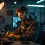 Un bărbat concentrat lucrează la un birou, înconjurat de unelte și un computer, într-un atelier iluminat.