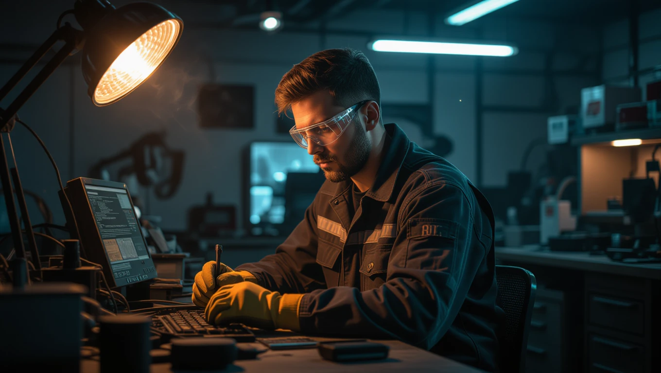 Un bărbat concentrat lucrează la un birou, înconjurat de unelte și un computer, într-un atelier iluminat.