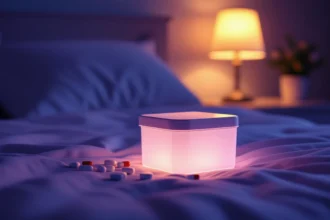 Cutie luminoasă pe pat, alături de pastile colorate, într-un mediu nocturn.