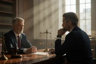 Două persoane discută într-un birou de avocat, cu o balanță în centru.