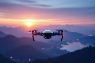 O dronă zboară la apus, oferind o priveliște spectaculoasă asupra munților și apei.