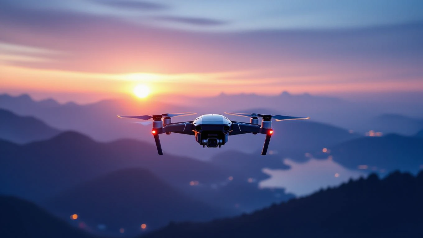 O dronă zboară la apus, oferind o priveliște spectaculoasă asupra munților și apei.