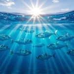 Un grup de pești înotând sub apă, cu raze de soare strălucind prin suprafața apei.