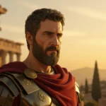 Un împărat roman contemplând peisajul antic, îmbrăcat în armură strălucitoare.
