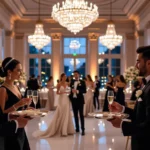 O adunare elegantă cu oameni îmbrăcați la patru ace, servind băuturi și aperitive.