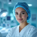 Asistentă medicală zâmbitoare într-un spital modern, pregătită pentru îngrijire.