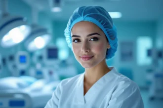 Asistentă medicală zâmbitoare într-un spital modern, pregătită pentru îngrijire.