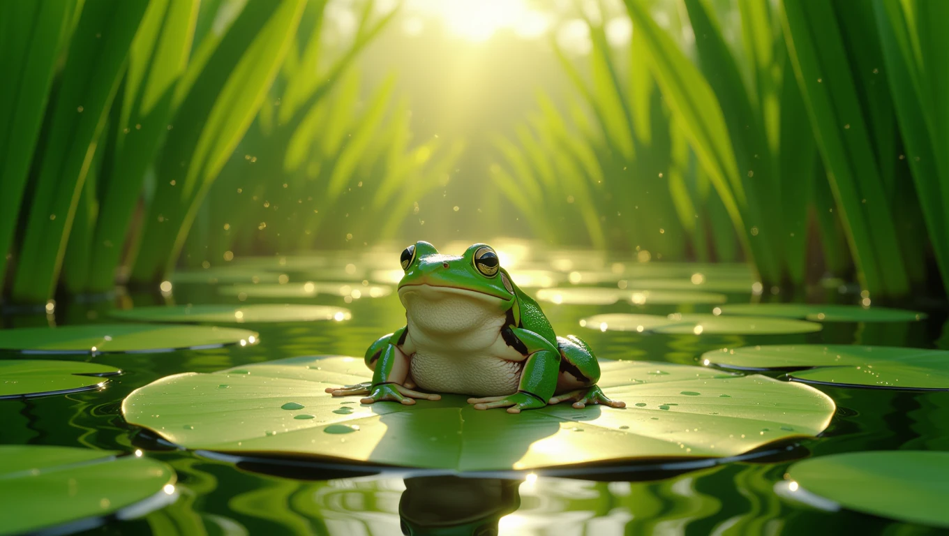 O broască verde stă pe o frunză de nuferi, înconjurată de apă și iarbă verde, sub razele soarelui.