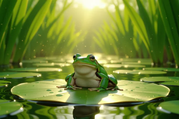 O broască verde stă pe o frunză de nuferi, înconjurată de apă și iarbă verde, simbolizând transformare și noroc.