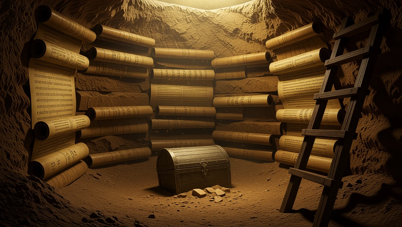 O cameră subterană cu pergamente vechi și o ladă misterioasă.