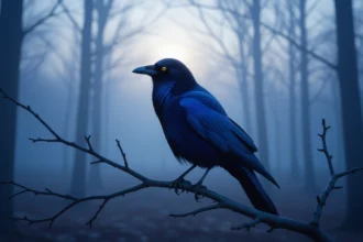 Un corb albastru stă pe o creangă, înconjurat de un peisaj de pădure în ceață, simbolizând mesaje ascunse în vise.