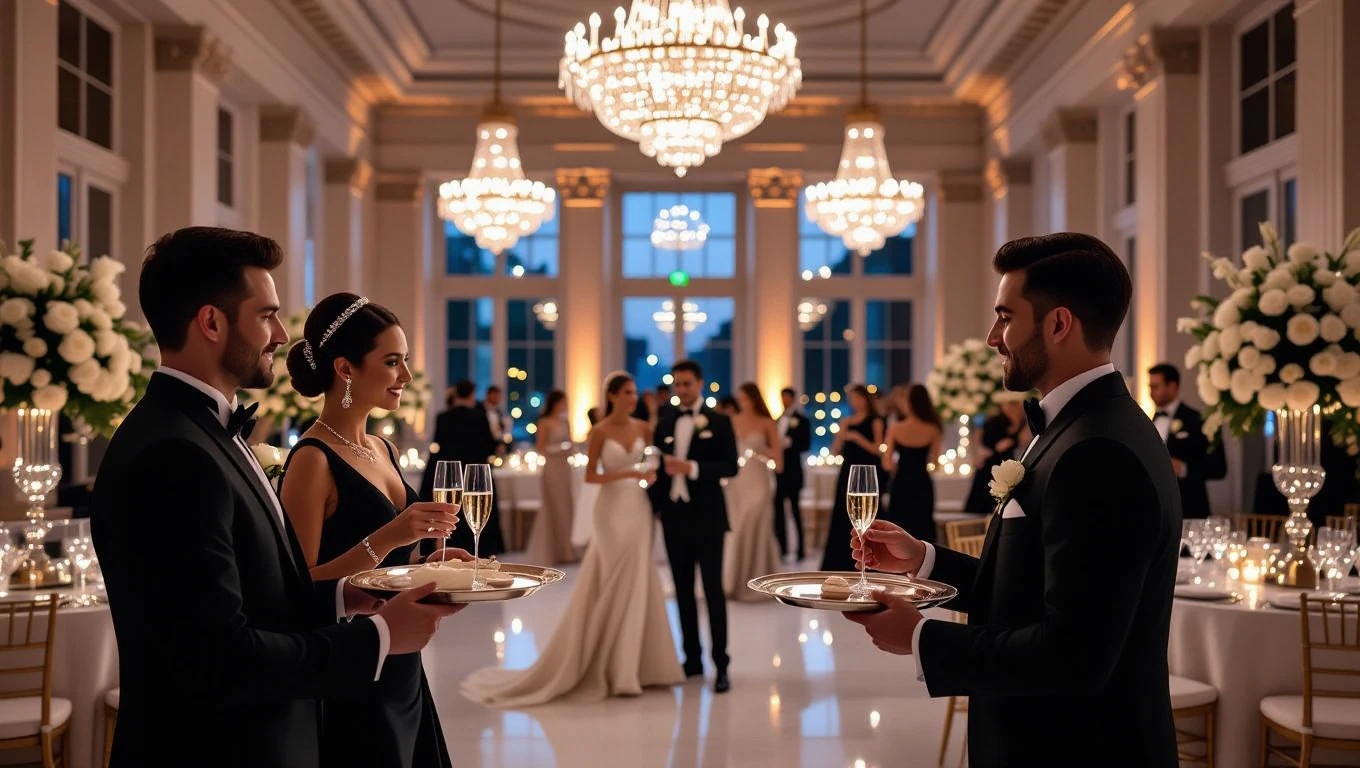 Oameni eleganți la un eveniment sofisticat, servind băuturi și aperitive.