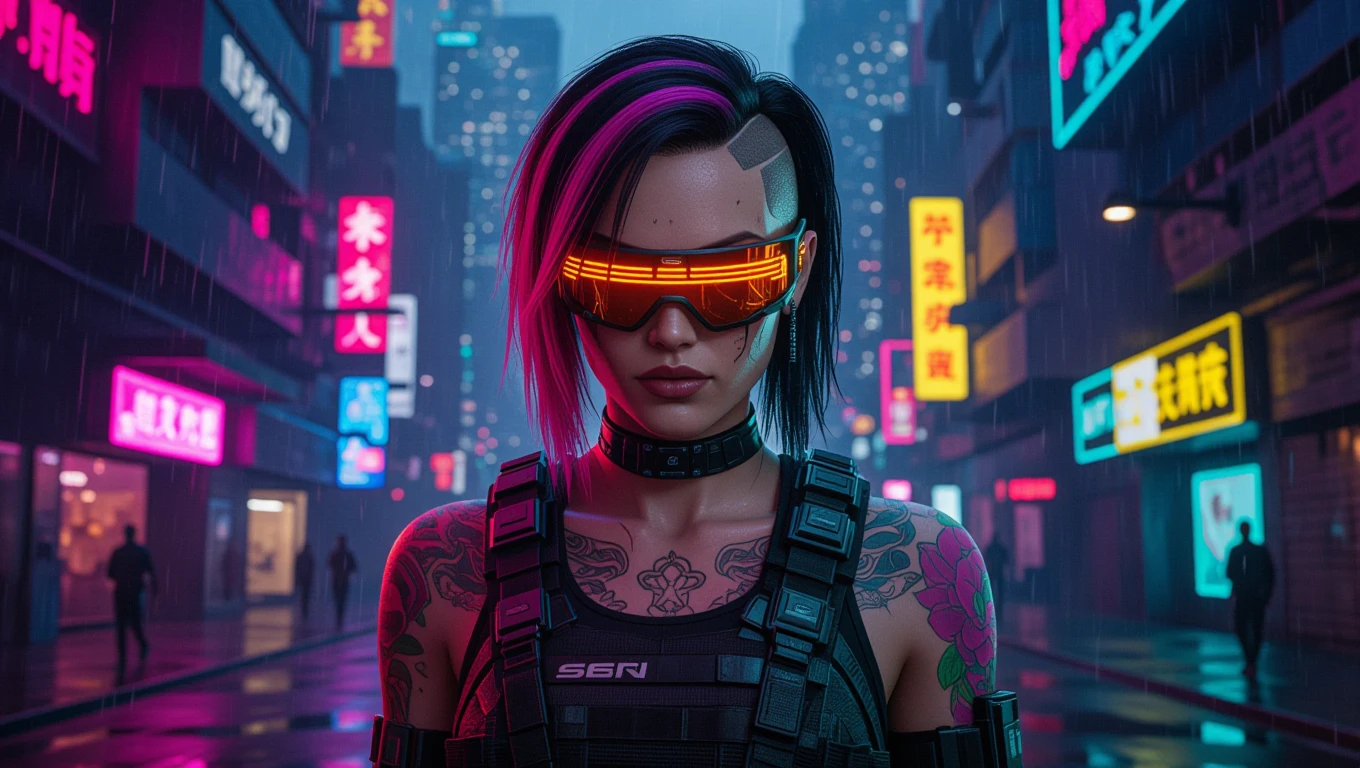O fată cyberpunk cu ochelari futuristici și tatuaje, în orașul plin de lumini neon.