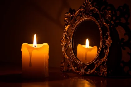 O lumânare aprinsă reflectată într-o oglindă elegantă, simbolizând speranța și ghidarea interioară.