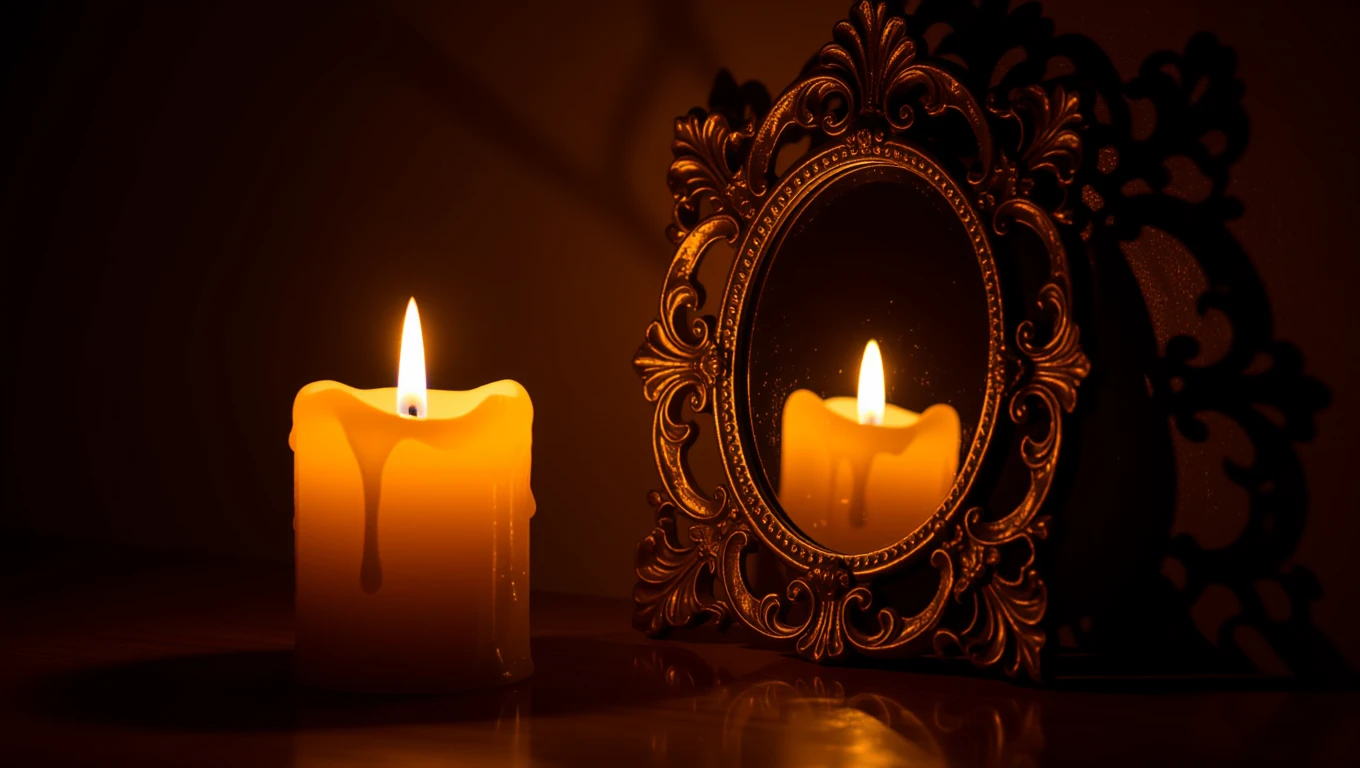 O lumânare aprinsă reflectată într-o oglindă elegantă, simbolizând speranța și ghidarea interioară.