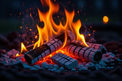 Flăcări dansând pe un foc de tabără, cu bușteni arși și jar incandescent, simbolizând pasiuni și transformare.