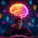 Un tânăr contemplativ stă la birou, cu o carte deschisă, înconjurat de simboluri luminoase care reprezintă gânduri și idei.