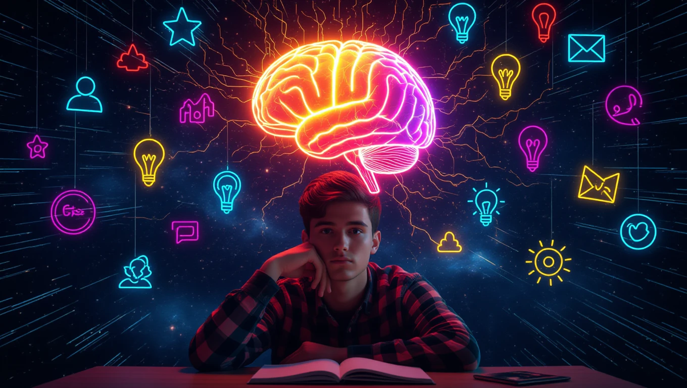 Un tânăr contemplativ stă la birou, cu o carte deschisă, înconjurat de simboluri luminoase care reprezintă gânduri și idei.