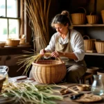 O femeie împletește un coș din nuiele, simbolizând creativitatea și organizarea.