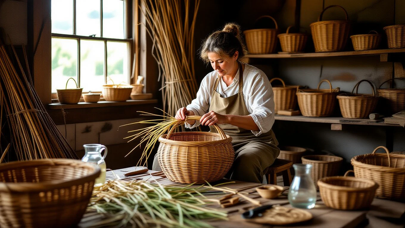 O femeie împletește un coș din nuiele, simbolizând creativitatea și organizarea.