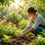 O femeie îngrijind flori într-o grădină plină de culoare, în lumina dimineții.