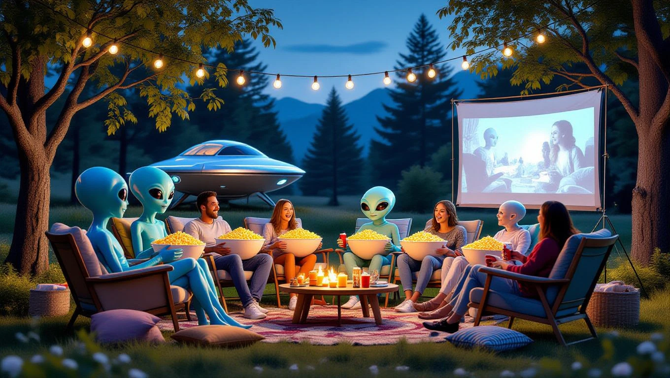 Oameni și extratereștri se întâlnesc la o petrecere sub stele, cu popcorn și un proiector.