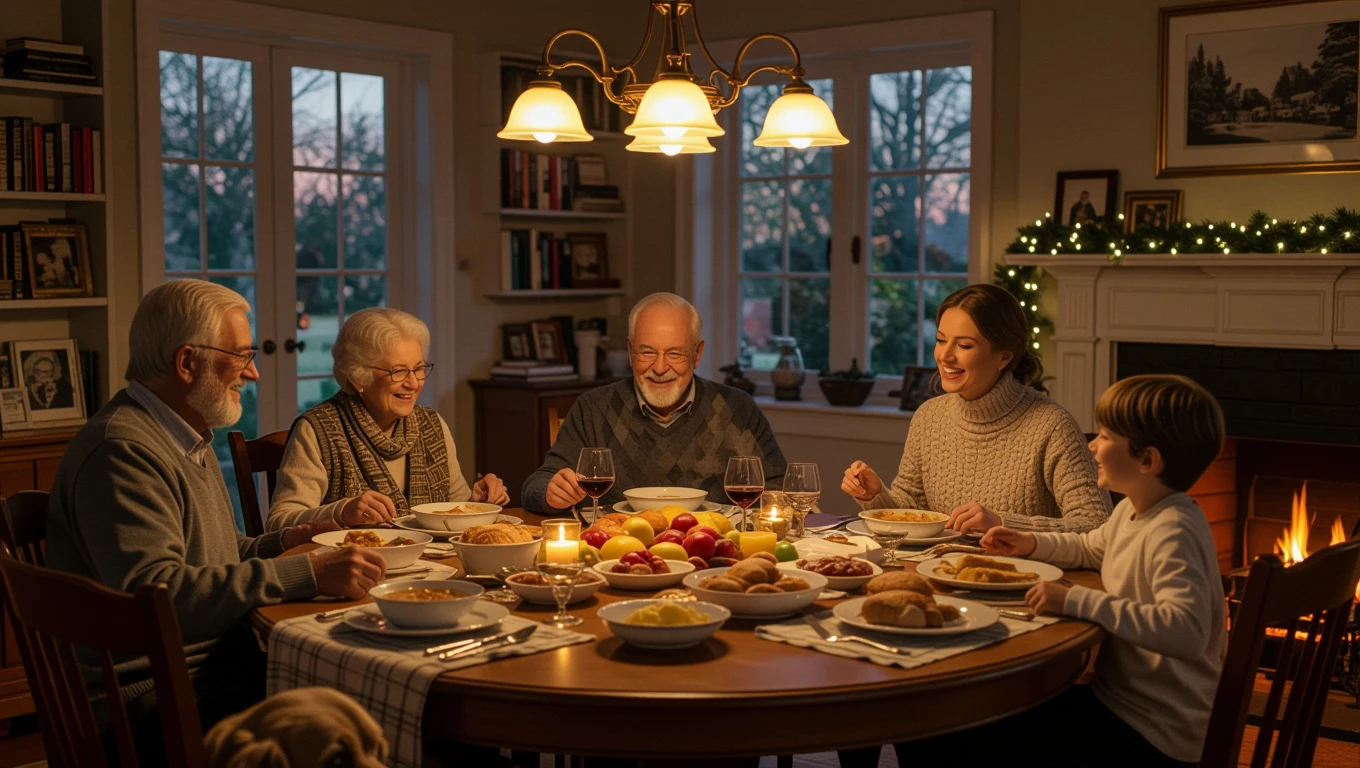 O masă de familie plină de bucate delicioase, cu bunici, părinți și copii, într-o atmosferă caldă și primitoare.