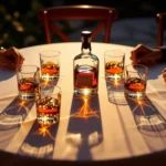 O masă elegantă cu un shot de alcool și pahare pline, simbolizând relaxare și socializare.