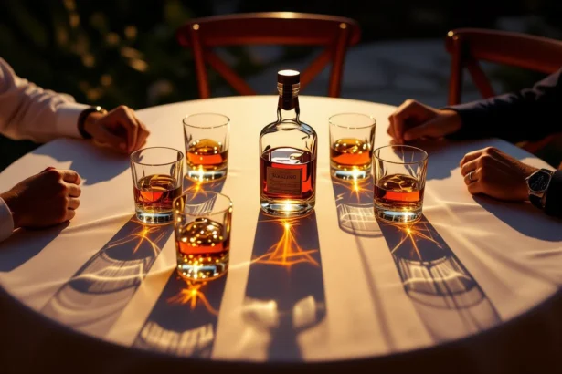 O masă elegantă cu un shot de alcool și pahare pline, simbolizând relaxare și socializare.