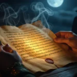 O mână ține o pergament vechi cu un mesaj secret, înconjurată de lumina unei lumânări și aburi misterioși.