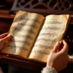 O persoană citește o partitură deschisă, cu note muzicale, lângă un pian.