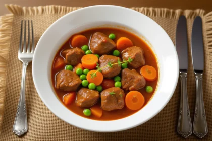 O supă gulyás delicioasă, cu carne, morcovi și mazăre, servită într-un bol alb.