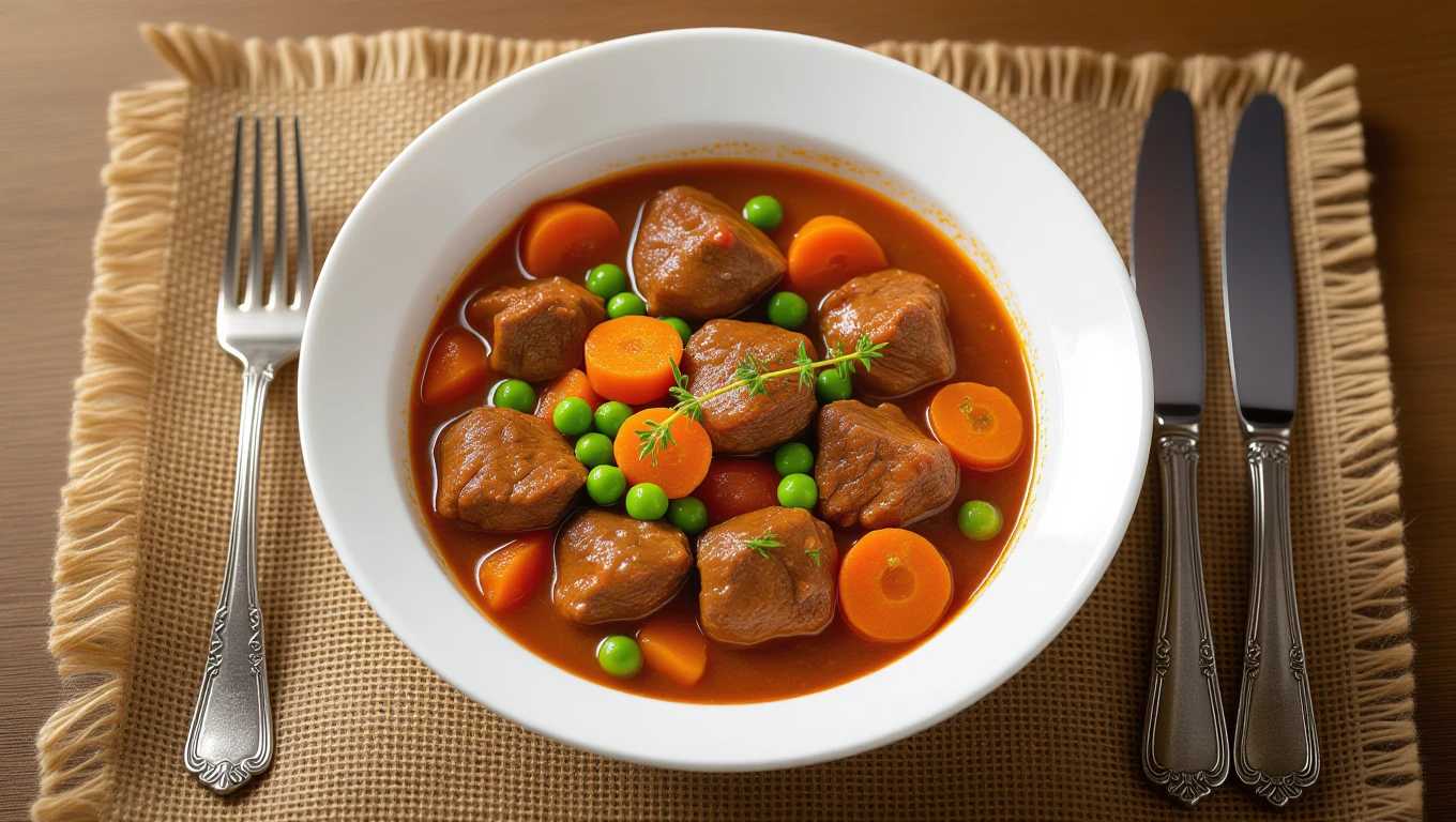 O supă gulyás delicioasă, cu carne, morcovi și mazăre, servită într-un bol alb.