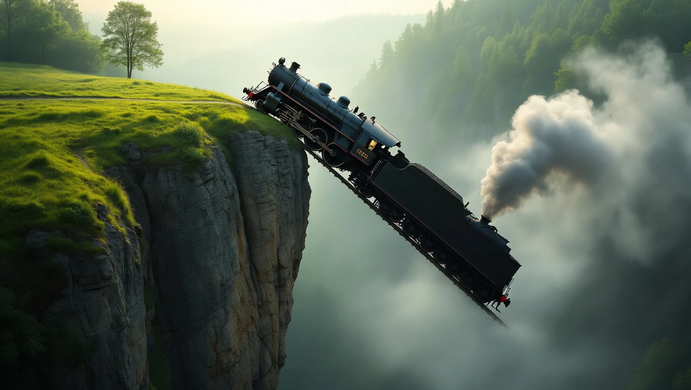 O locomotivă de epocă se află pe marginea unei prăpastii, emanând fum.